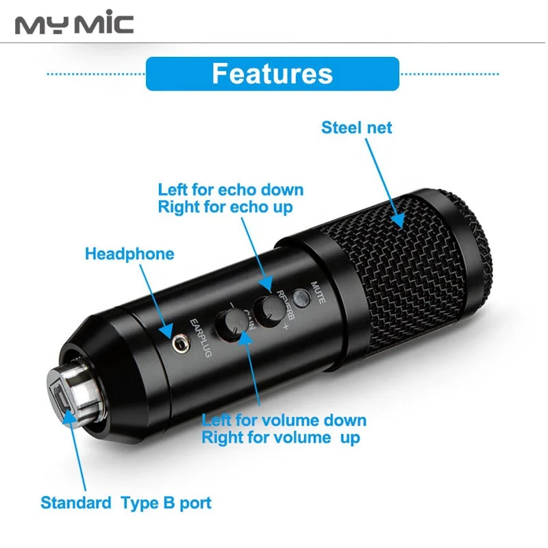 Профессиональный конденсаторный USB-микрофон MY MIC NX4 Студийный микрофон для записи с эхо-монитором подкастов компьютерных игр