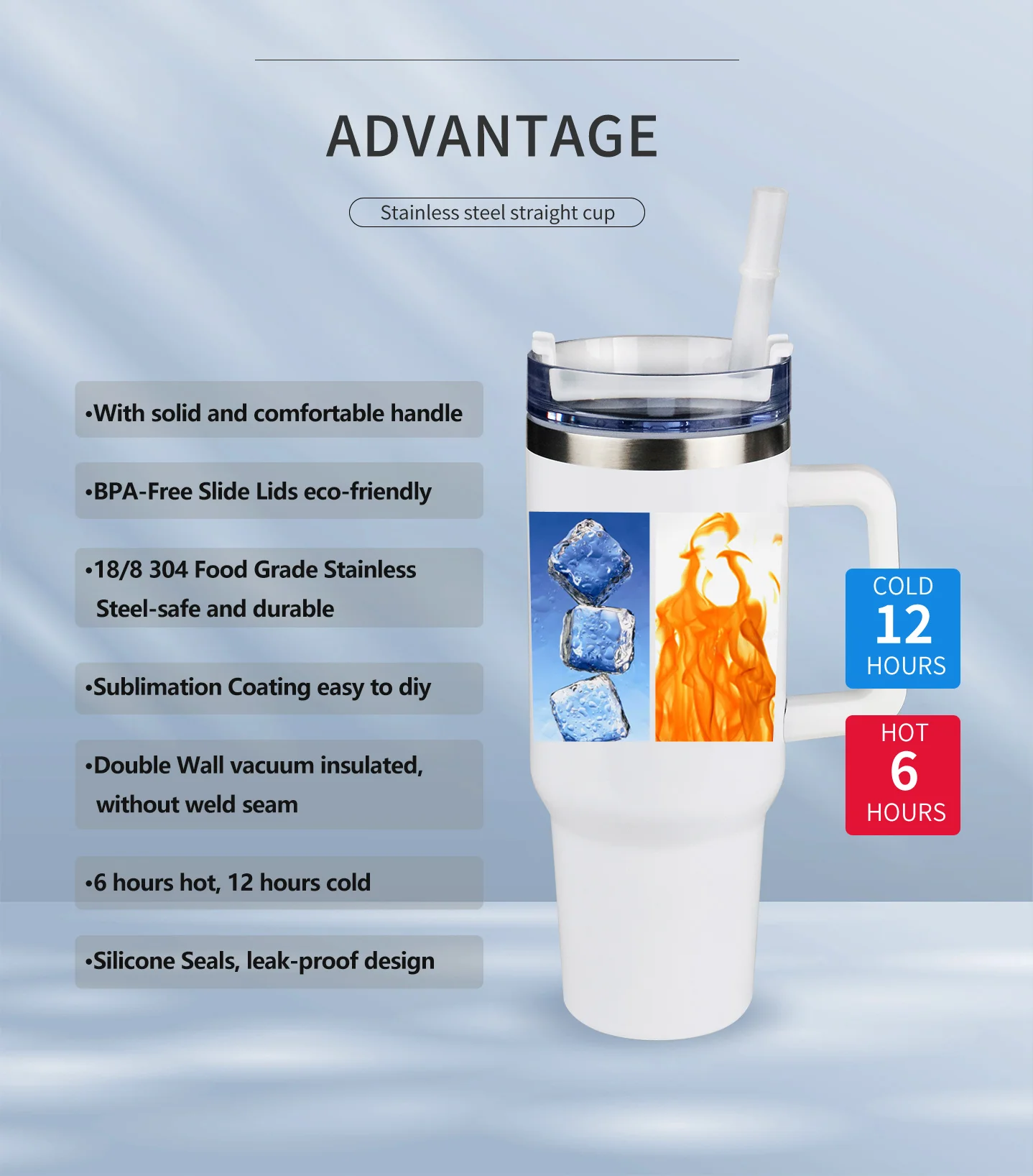 BPA Free keep hot and cold leakproof double wall stainless steel vacuum insulated 40oz sublimation blank tumbler with handle