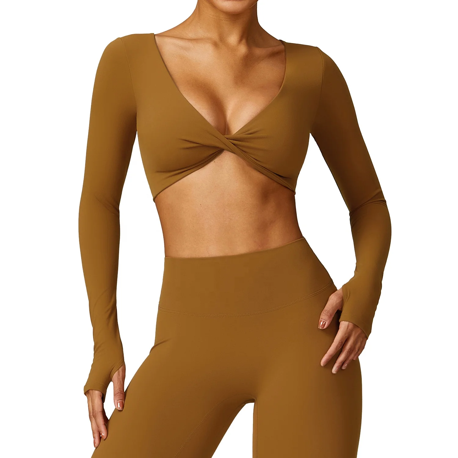 Women Long Sleeve Compression Stretchy Lightweight Crop Twist Yoga Tops