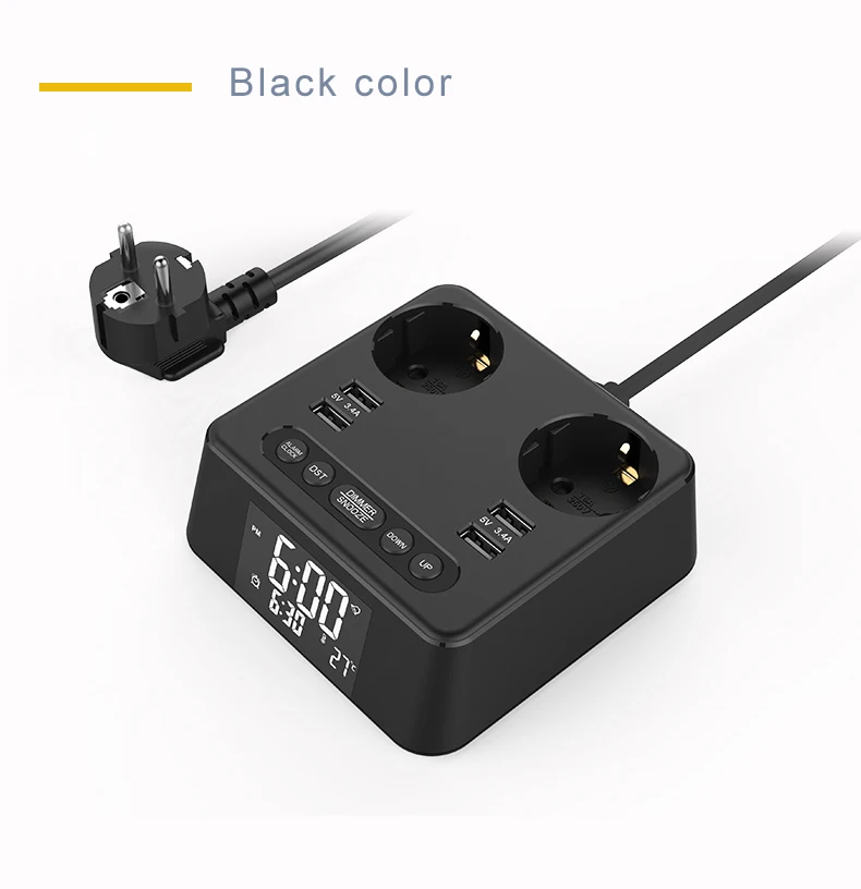 DC168 EU hotel beside table socket 2 outlet with digital alarm clock socket with USB ports