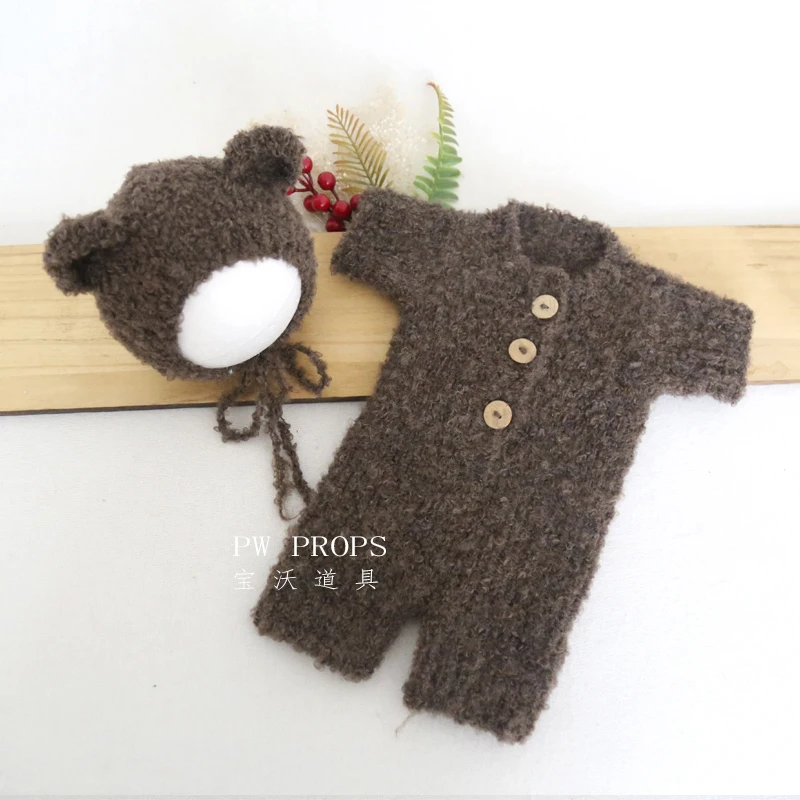 Knitted Newborn Baby Girl Teddy Bear Romper Outfit Vintage Clothes Dress Photography Props Baby Photo Props Clothes