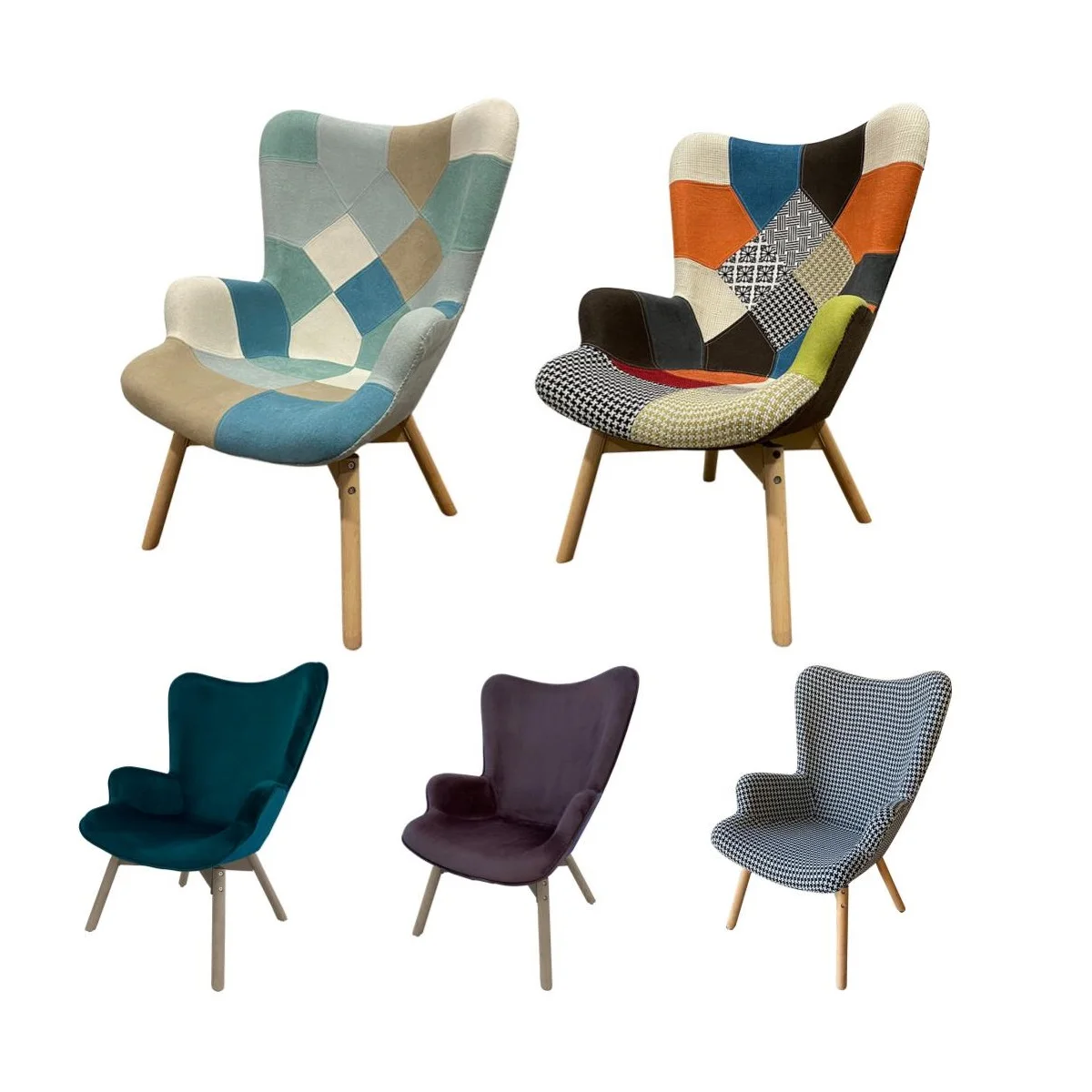 Factory Custom Wood Patchwork Armchair Contour Chair Hot Sale Fabric Lounge Home Living Room Furniture Comfortable Sofa Chair