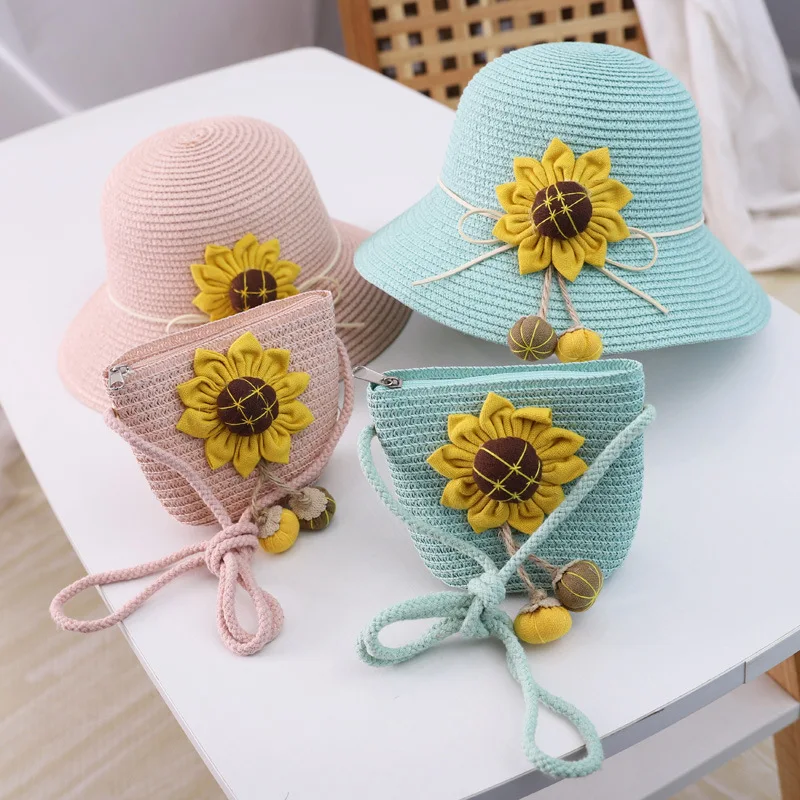 Kids Cute 2 pcs Set Sunflower Decorate Lovely Straw Hat & Bag