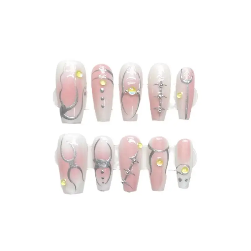 Pure Handmade Wear Nail Hand-painted Pink Blush Nail Pieces Premium Feeling Simple Line Stickers Drilling Nail Pieces