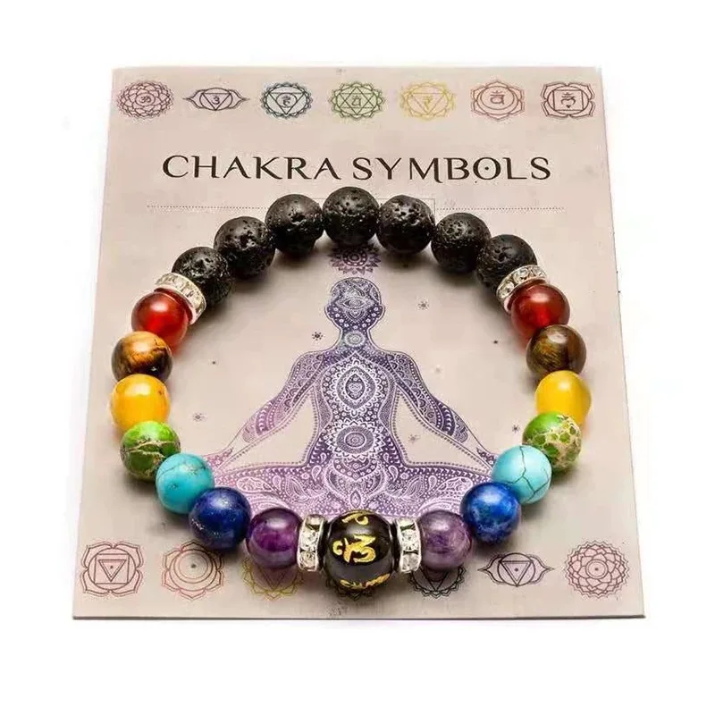 Natural Stone Beaded Lava Crystal 7 Seven Chakras Bracelet For Men Women Relieve Anxiety Mandala Yoga Meditation