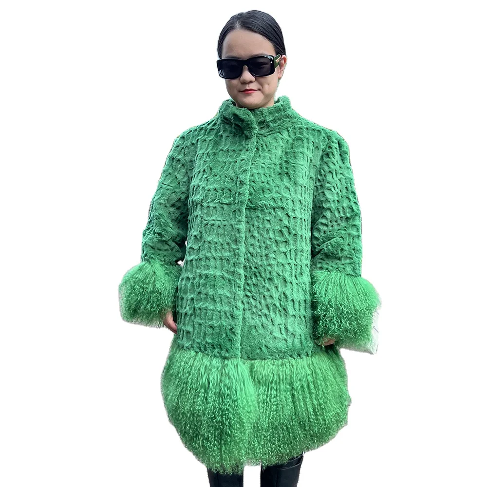 Ladies Winter Warm Fur Coat Real Rex Rabbit Fur Jacket Dye Green Color Add the Lamb Fur