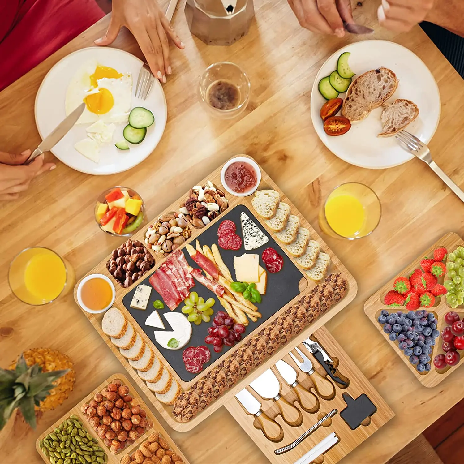 Wholesale Bamboo Cheese Board With Cheese Knives Black Slate Labels Wine Opener Ceramic Bowls