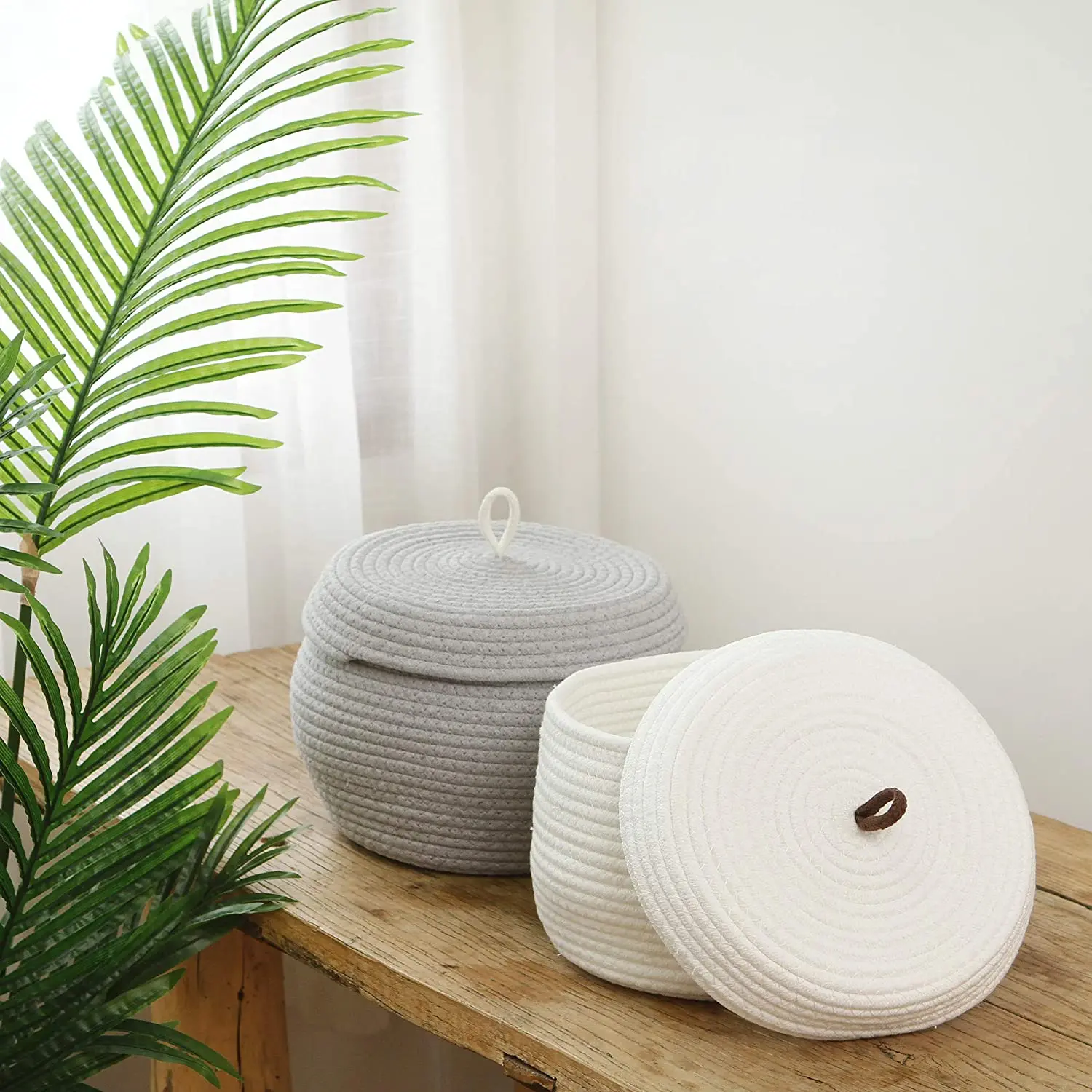 QJMAX Natural Home Decor Round Cotton Rope Storage Basket With Lid For Plants