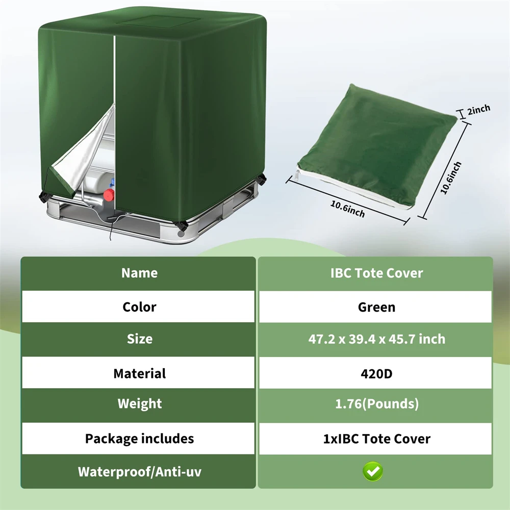 BEELAND 1000L Outdoor Rain Barrel Water Tank Cover 275 Gallon Green Zipper IBC Tote Cover With Zipper