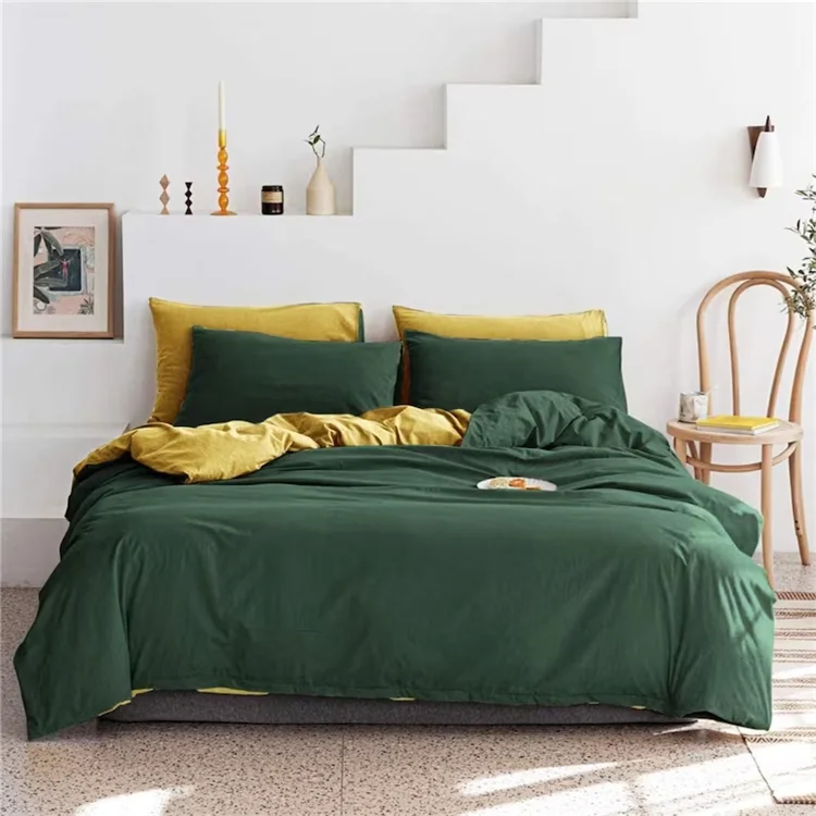 Oeko-tex hot selling 100% washed cotton customized bedding set customized bedsheet set Luxury cotton bed sheet green duvet cover