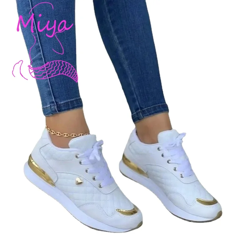 2024 New Plaid seam matte Leather and Gold glitter patchwork Sneakers Lace Up sports Shoes Classic Flat sneakers for Women