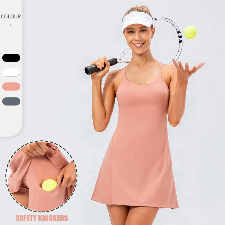 Tennis Skirt Removable Pad Workout Golf Dress Cross Back Sexy Spandex Nylon Tennis Dress