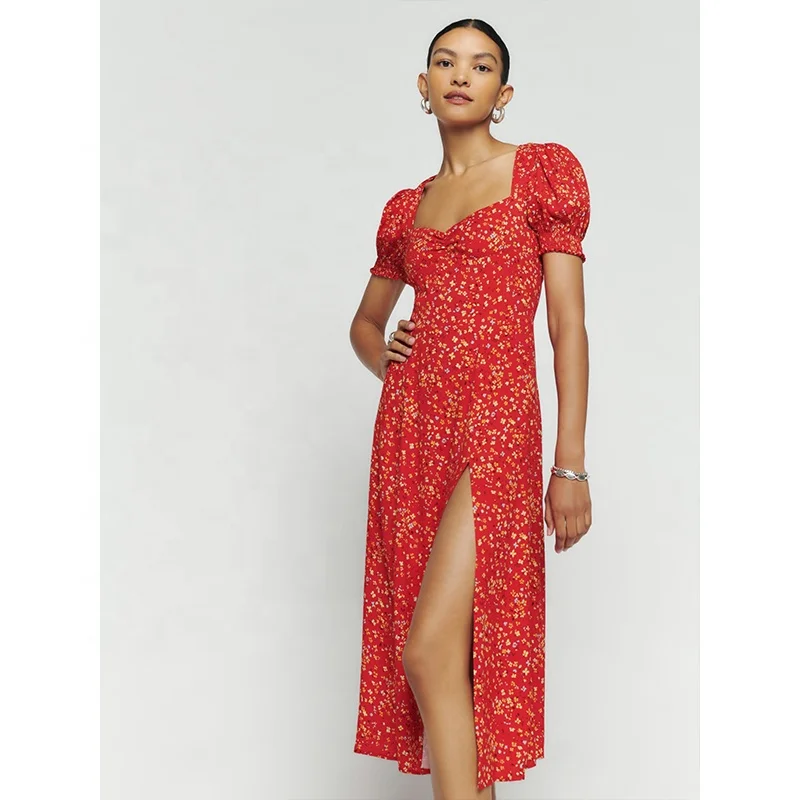 Women Red Floral Print Dress Sweetheart neckline High slit Puff sleeve Ruching on bodice Short sleeve  high side slit midi dress