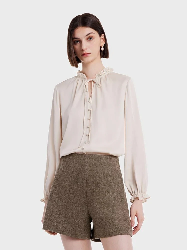 Woman Clothes Round Neck Long Cuffed Sleeves Drop Shoulder Puff Sleeve Western Women Blouses