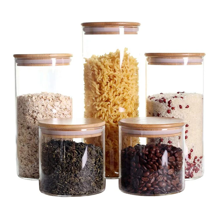 Diameter 8.5 cm series Round Borosilicate mason glass food storage jar food glass storage jars set with bamboo wood