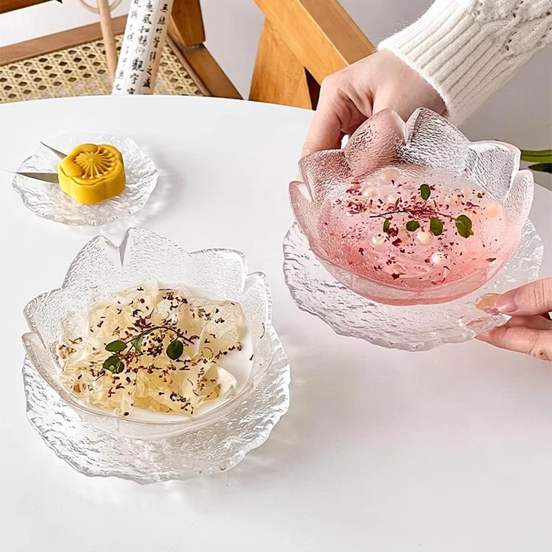 Japanese Crystal Frosted Fruit Salad Bowl Household Ice Cream Snack Bowl With Saucers and Plates