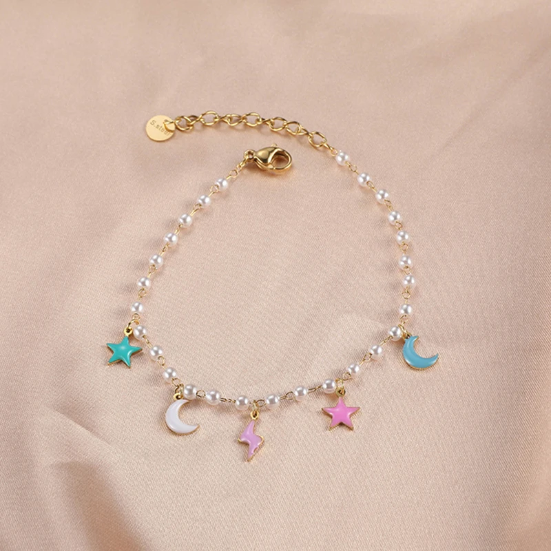 Stainless Steel Jewelry 18K Gold Plated drip oil stars moon enamel chain bracelets  Enamel Bracelet For Women