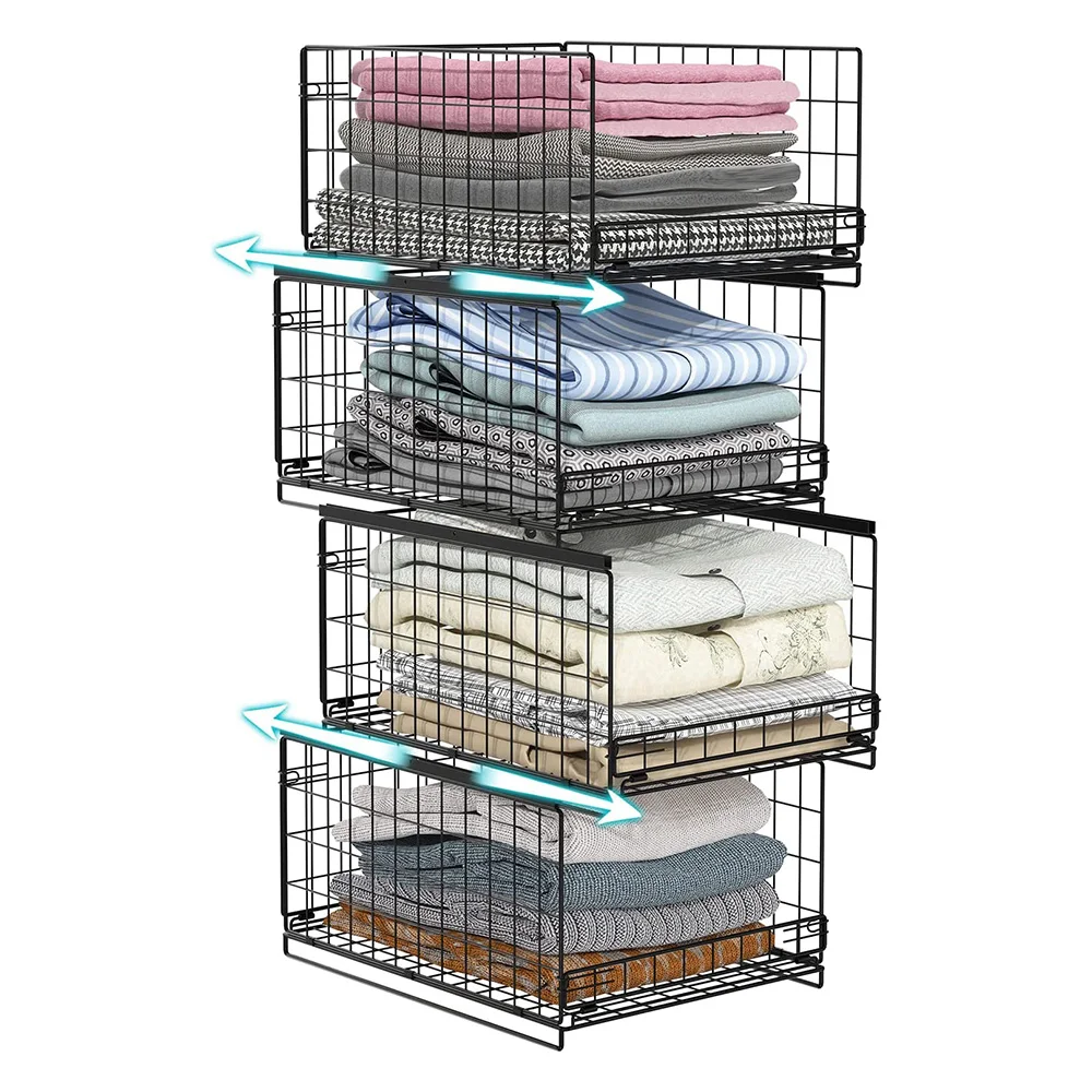 4-Tier Drawer Storage Shelves Stackable Metal Mesh Pull Out Storage Boxes Basket Wardrobe Sliding Closet Organizers