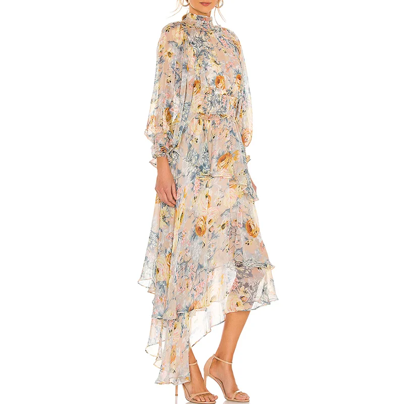 Manufacturer Fashion Custom floral print Lady Chiffon Ruffle Maxi Dress Women Elegant Long Sleeve Summer Casual Dresses producer