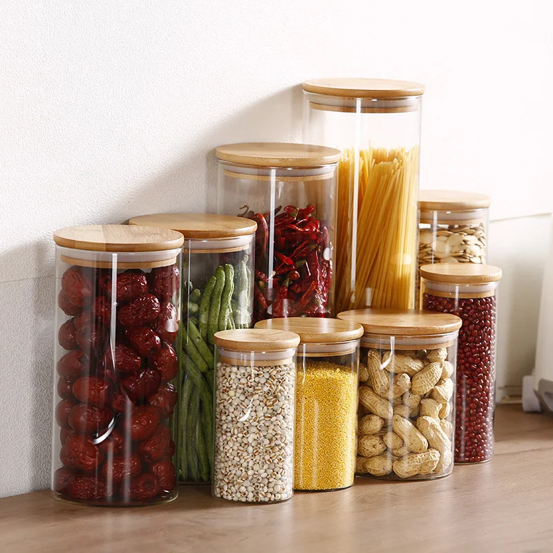 Custom kitchen food storage organizer Borosilicate Glass Round Spice storage container Jar with Bamboo Lid
