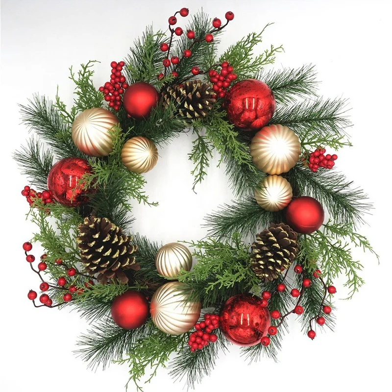 Cheap plastic pine cone Red Berry indoor hanging pvc decoration christmas wreath with ornaments