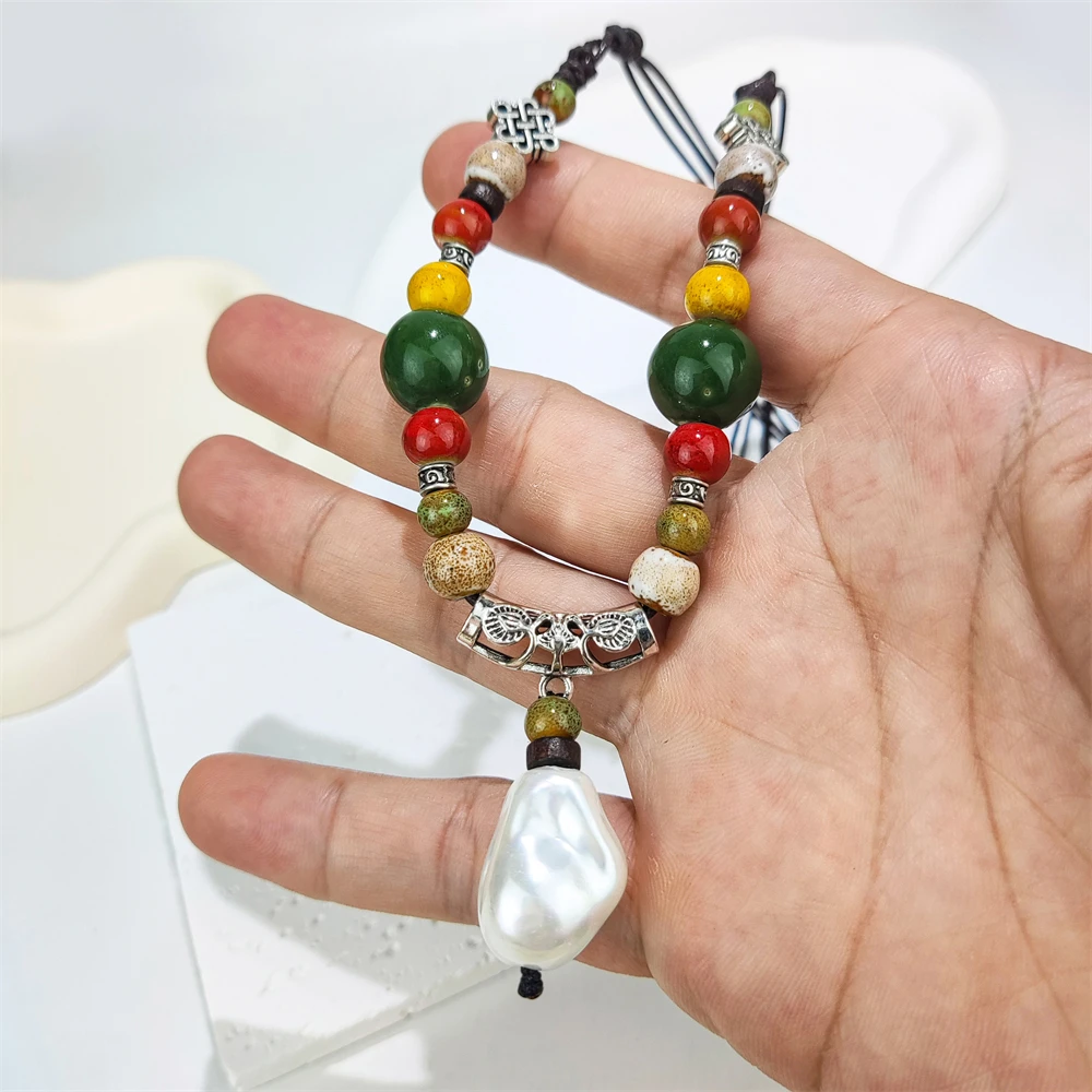 Bohemian Jewelry Colorful Beads Hand Woven Rope Necklace Trendy Ceramic Beads Retro Necklace with Shell Pearl Pendants for Sale