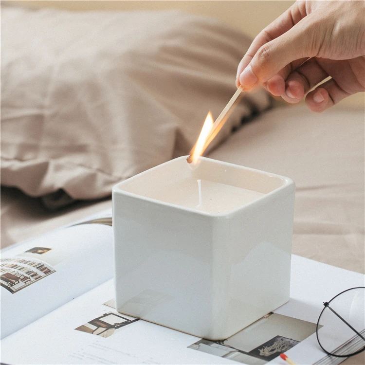 Wholesale cheap bulk custom glossy white candle vessel container empty ceramic square candle jar for candle making