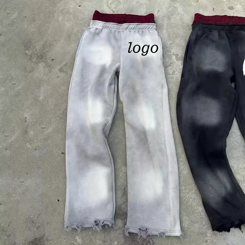 Custom Loose Sun Faded Sweatpants French Terry Distressed Washed Double Waist Straight Trackpants Acid Washed Flare Sweatpants