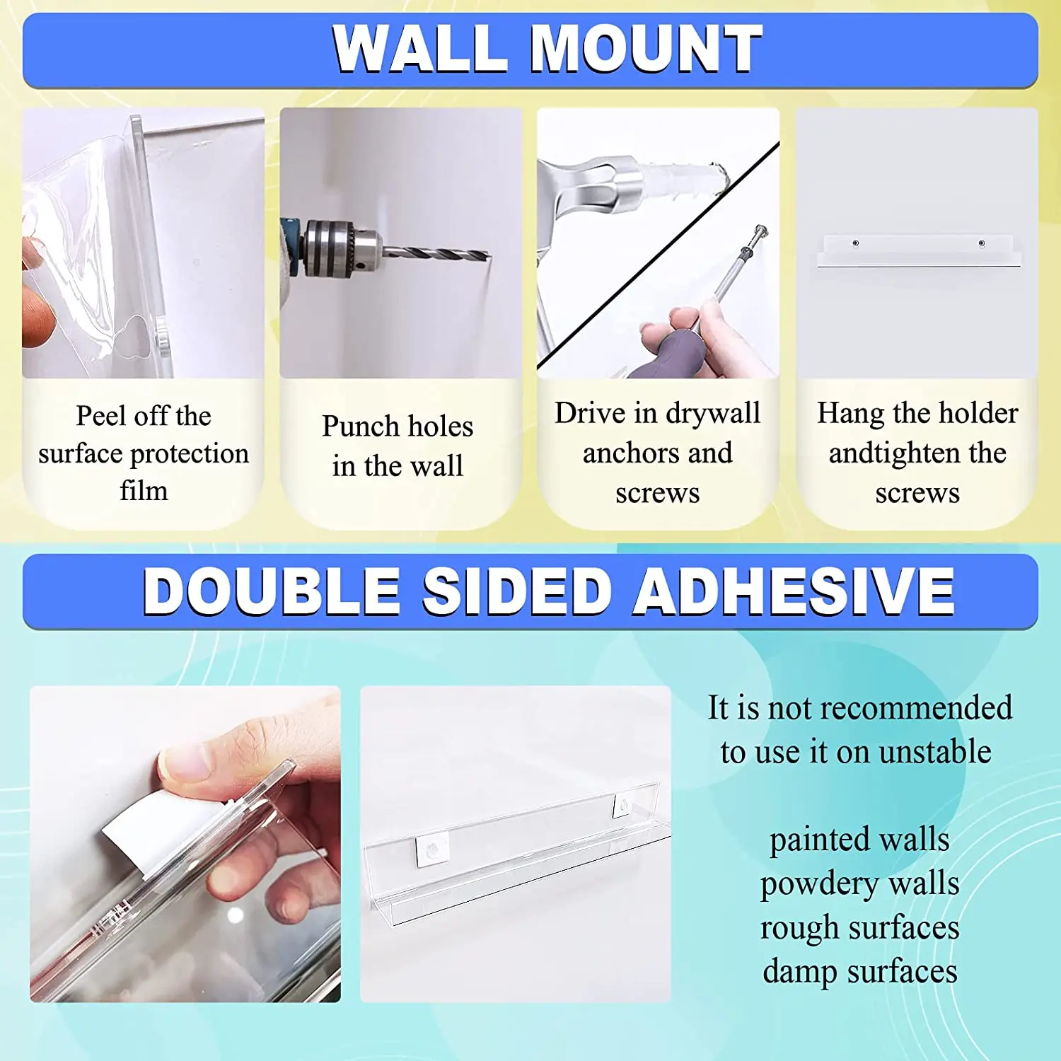 Yakaly Vinyl Record Wall Mount 12 Inch Clear Acrylic Album Record Holder Vinyl Record Display Shelf for Daily LP Listening