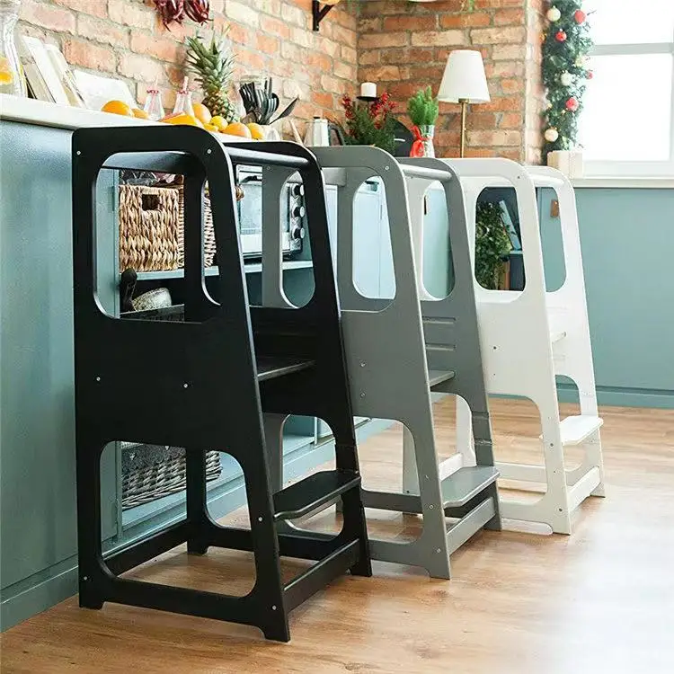 Wooden Adjustable Kitchen Helper Stool for Toddlers Wooden Toddler Tower with Safety Rail Kitchen Step Stool