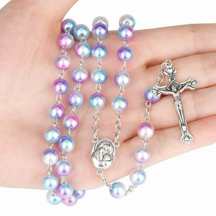 Rosary Pearl Beads Catholic Necklace Crucifix Pendant Necklace Jewelry First Holy Communion Gift