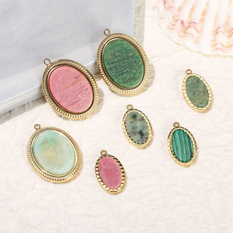 Natural Stone Crystal Oval Pendant Stainless Steel Gold Malachite Rhodonite Jade Turquoise Amazonite Pendants for Making Jewelry