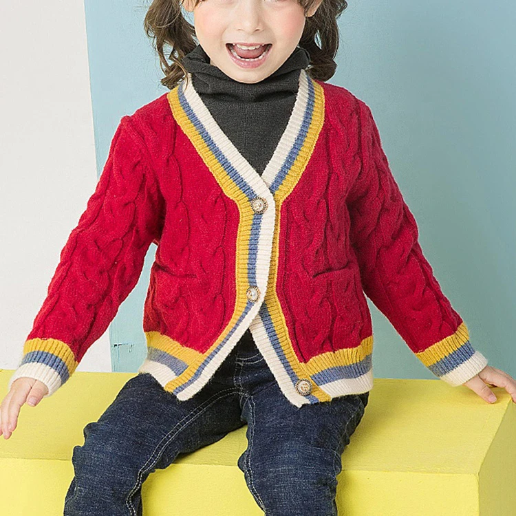 Органический вязаный свитер с V-образным вырезом на пуговицах для младенцев полосатый вязаный свитер для маленьких девочек с карманами