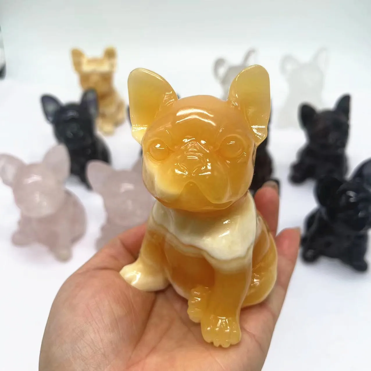 Wholesale Bulk 10 Cm Crystal Carving French Bulldog Hand Carved Healing Crystal Animal Carvings