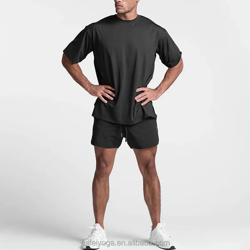 High Performance 85% Polyester 15% Spandex Mesh Fabric Drop Shoulder Gym Fitness Oversized Fitting Black Tshirt Plain For Men