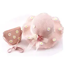 Kids Summer Pink Straw Hat Handbag Set Daisy Patch Lace Flower Band Girls Boater Straw Hats Children Beach Floppy Hat
