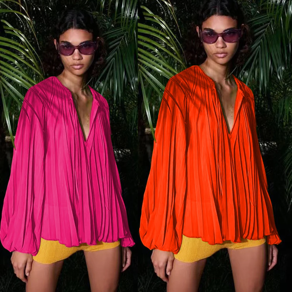 2023 Fall Women Blouse Blusas Mujer Multicolor Pearl chiffon pleated strap long sleeve top