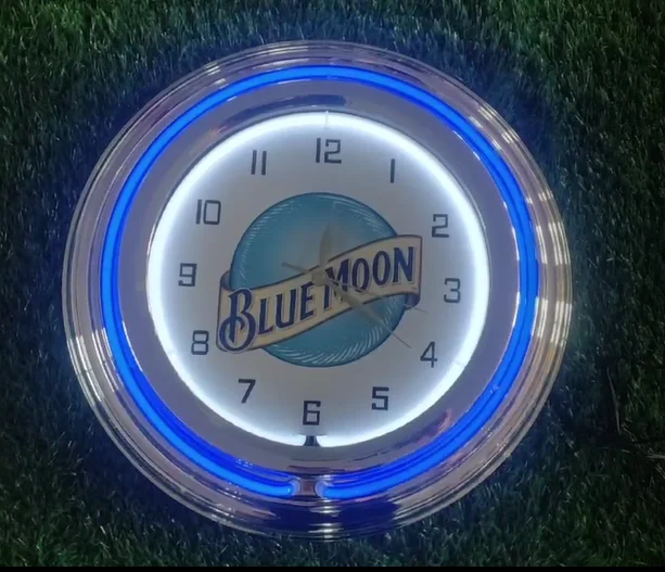 China Suppliers 12vdc Round Shape Neon Clock Glass Tube Front Neon Wall Clocks Blue Moon Custom Neon Wall Clock