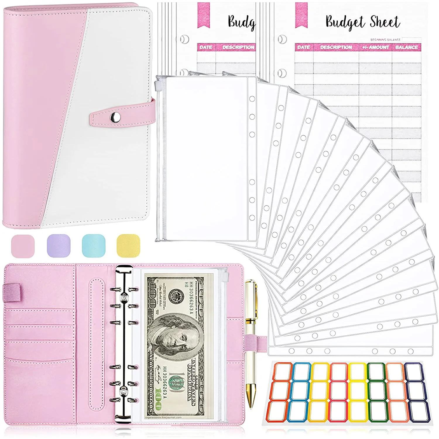 New A5 A6 Budget Binder Planner with 12 Pieces Cash Envelopes Colorful PU Leather Notebook Binder with 12 PCS A6 Binder Pockets