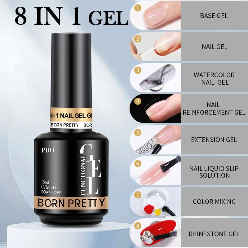 BORN PRETTY OEM Custom Logo 8 in 1 Odorless Resin BIAB Builder Brush on Nail Glue Gel Used for Base Gel UV Nail Extension Gel