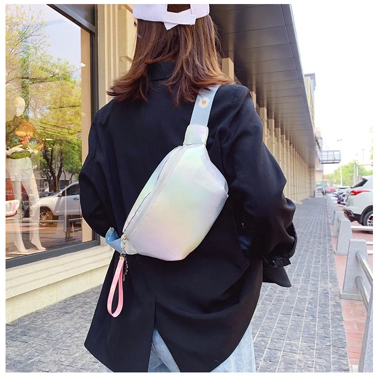 Gradient glitter PU fanny pack hologram wallet bum bag color weaving wide shoulder strap chest bags