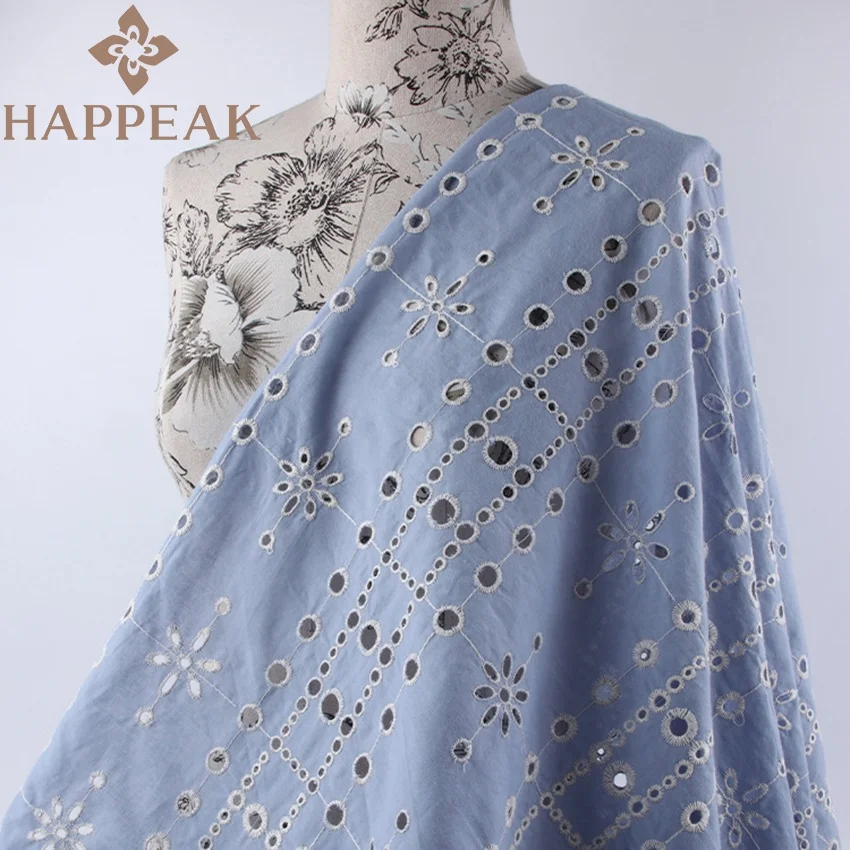 HAPPEAK Hot Sales Dark Blue Embroidered Fabric Hollow Eyelet White Embroidery 100% Cotton Fabric For Clothing