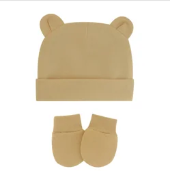 Cute Bear Ear Newborn Baby Beanie Gloves Set Cotton Knitted High Elastic Infant Warm Baby Hat for 0-12 Month