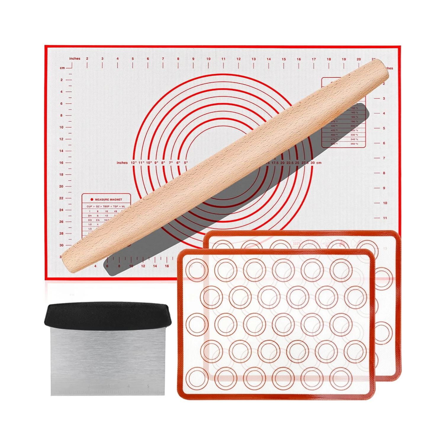RollingPin Silicone Baking Mats Set Nonstick Dough Rolling Pastry Mat Heat-resistant Silicone Baking Sheets