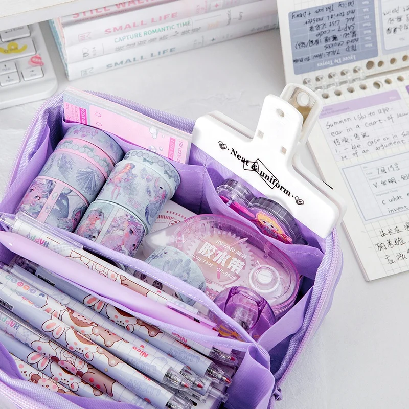 Big mouth large capacity zipper fabric pencil case zipper pouch money bag Multi-layer neat stitch pen packaging bags