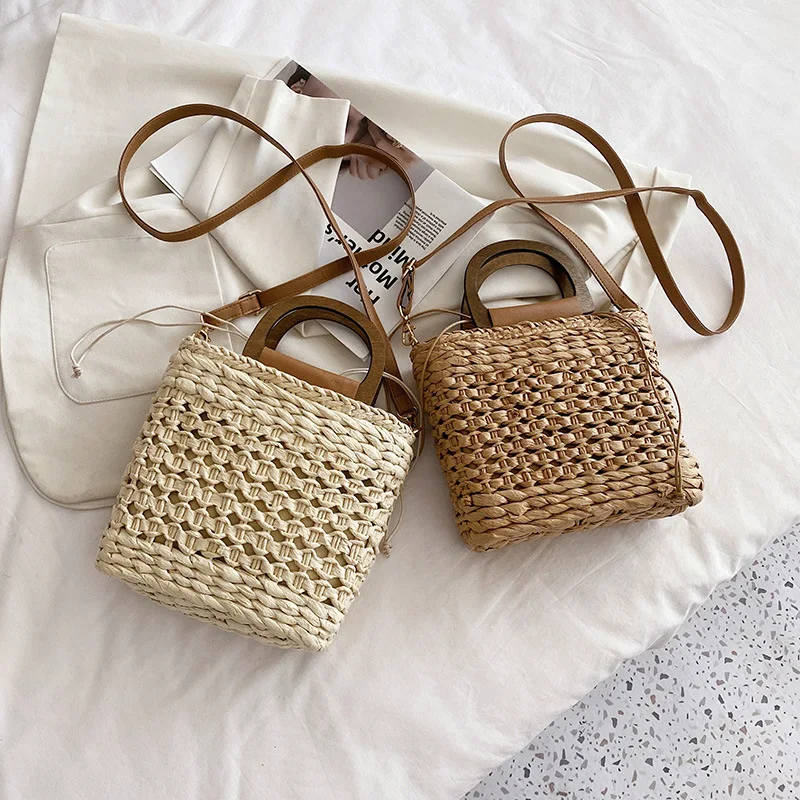 Vintage Hollow Straw Handbag Seaside Basket Diagonal Bag Simple Design Clutch Shopping Bags Women Messenger Bag