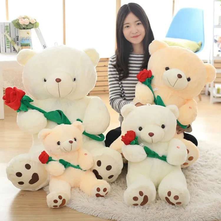 Custom New Creative Multicolor Soft Toys Led Light Glow Holding Rose Teddy Bear Plush Toy With Rose