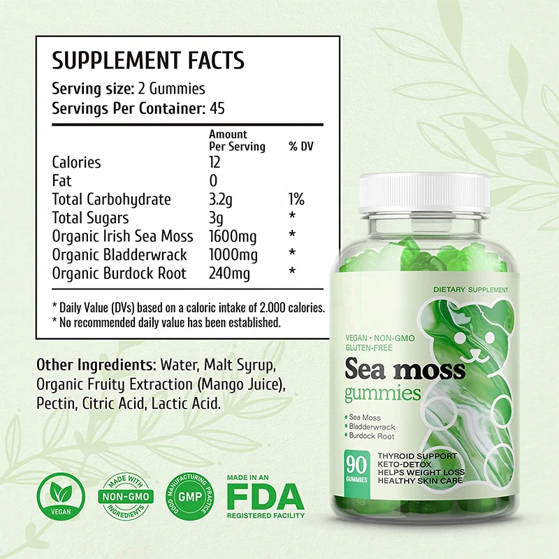Private Label Organic Irish Bulk Bladderwrack Burdock Root Elderberry Vegan Seamoss Sea Moss Gummies