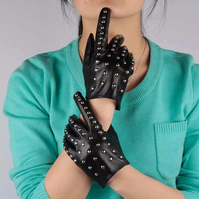Custom Fashion Women Studded Rivets Genuine Leather Touch-Screen Gloves