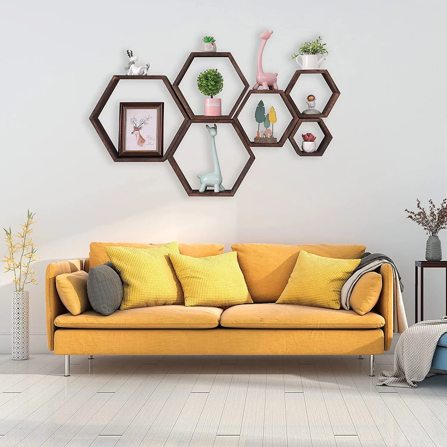 Set of 6 Wall Mounted Wood Farmhouse Storage Hexagon Floating Shelves for Living Room